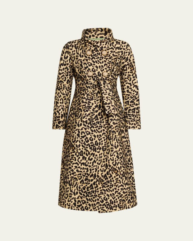 Leopard-Print Wool Double-Breasted Long Coat